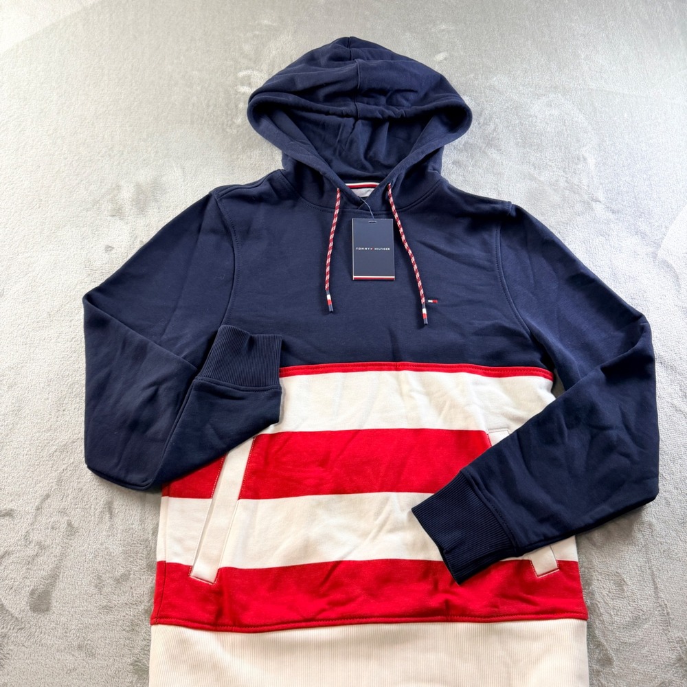 Tommy Hilfiger Navy Blue Red White Colorblock Stripe Hoodie Women's XS